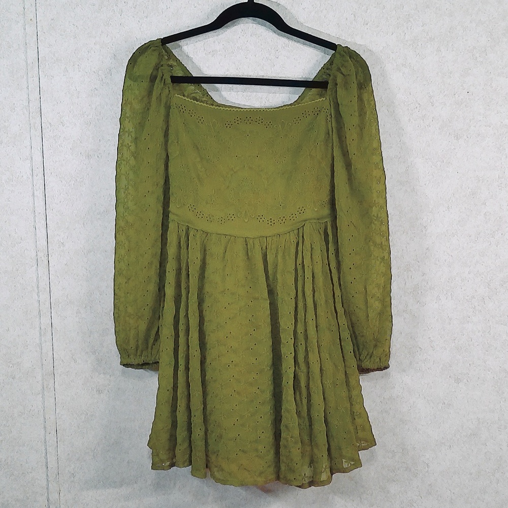 NWOT Free People Renaissance Eyelet Mini Dress, Olive Green, Fully Lined Sz Med.